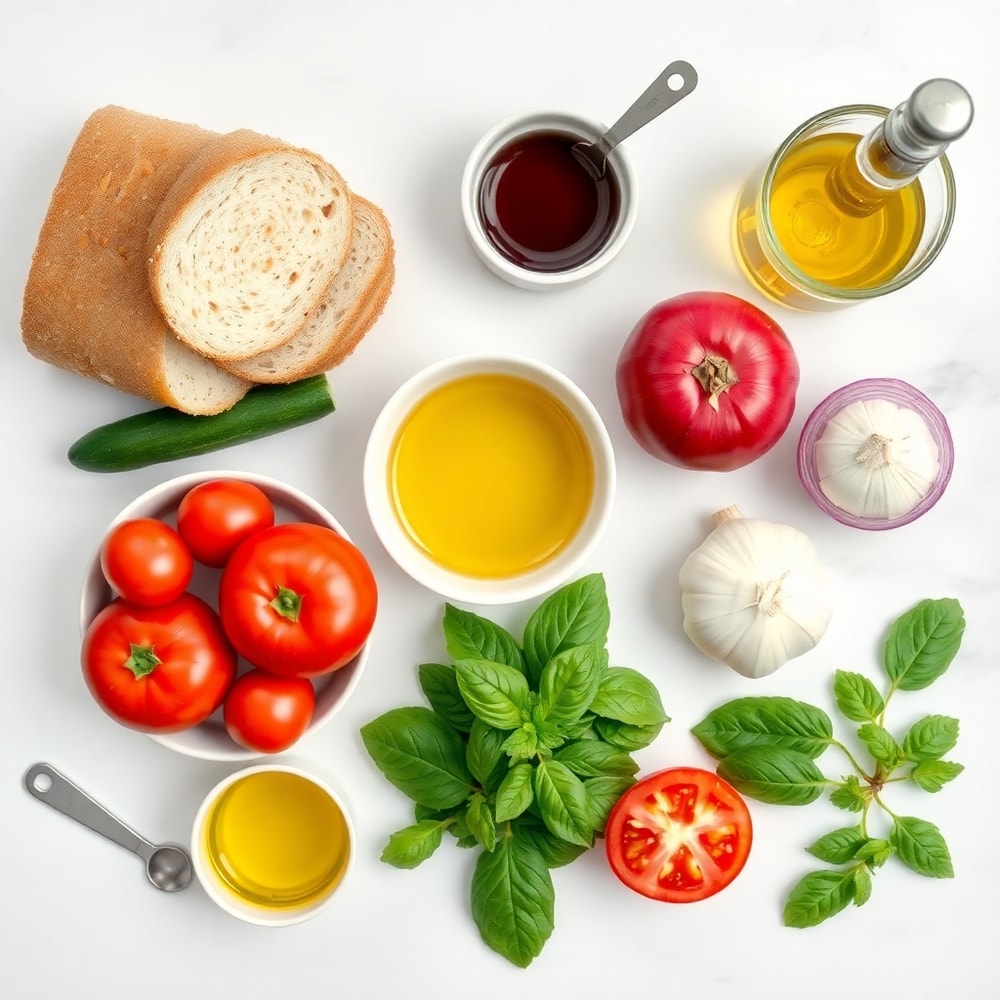 Raw ingredients for Panzanella Salad including bread, tomatoes, cucumber, and red onion