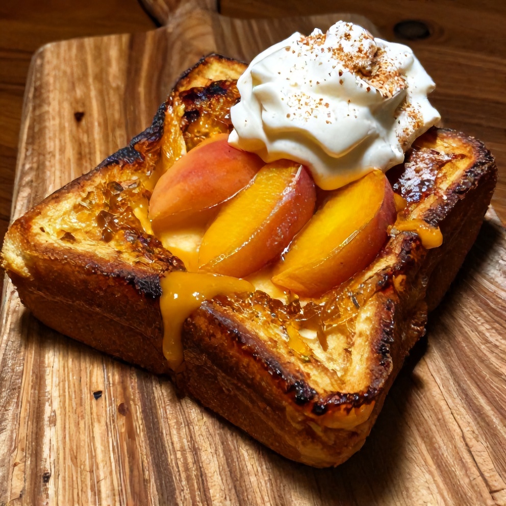 Plate of Peach Cobbler French Toast Bake with whipped cream