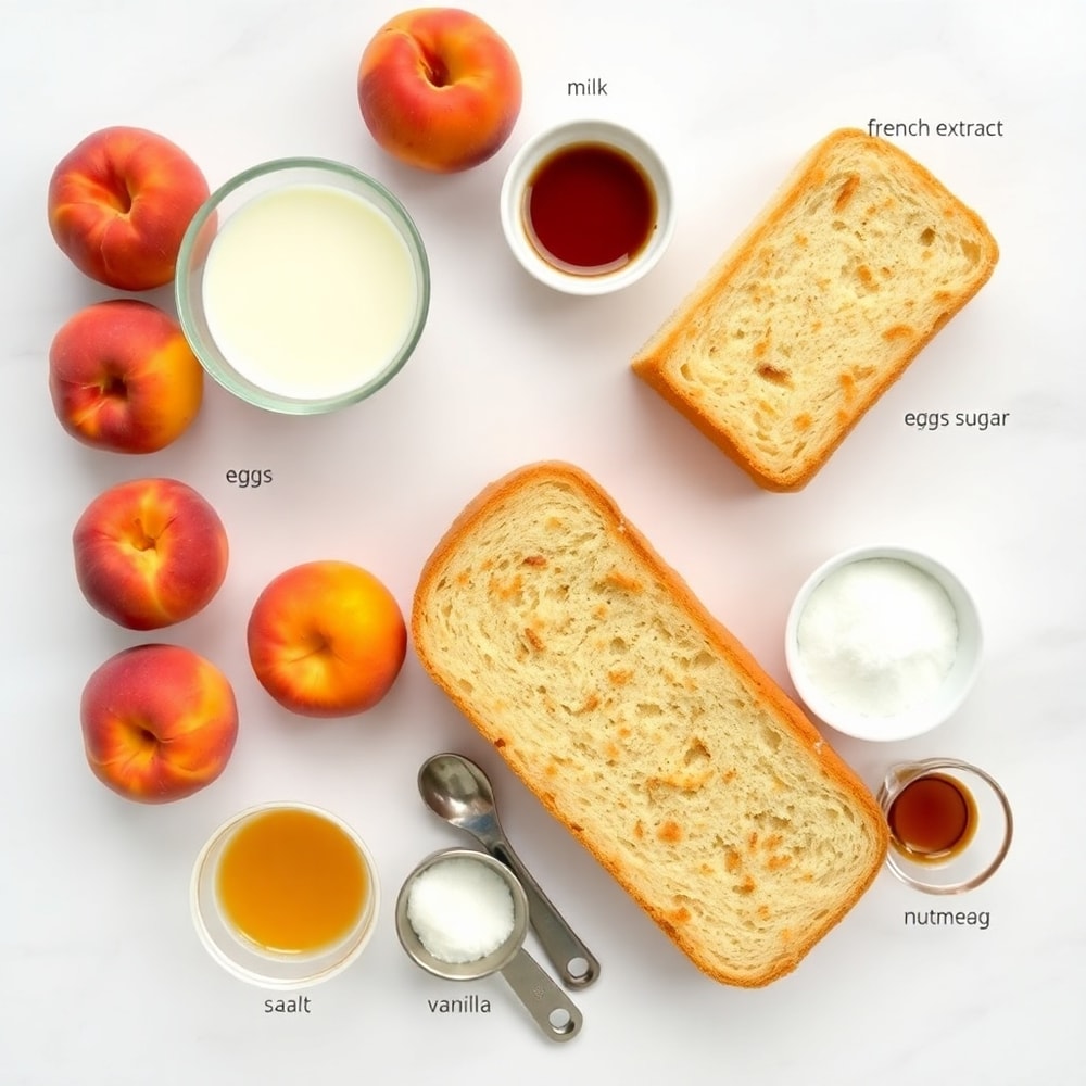 Ingredients for Peach Cobbler French Toast Bake laid out
