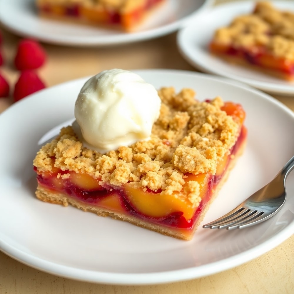 Plated Peach Raspberry Crumb Bars with a scoop of vanilla ice cream