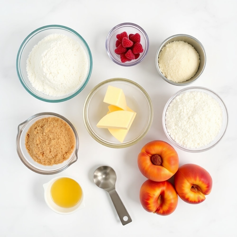 Raw ingredients for Peach Raspberry Crumb Bars on a marble surface