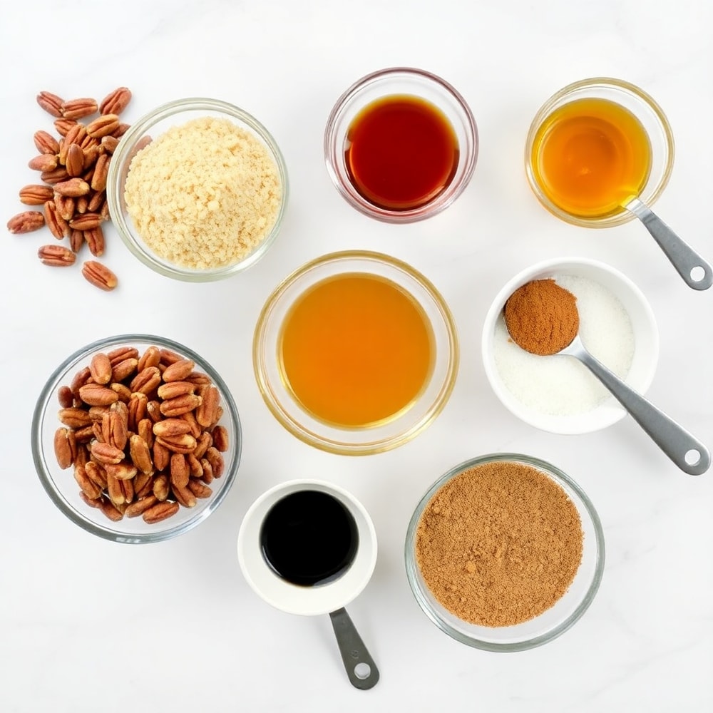 Raw ingredients for Pecan Crunch Glazed Bites on a white marble surface