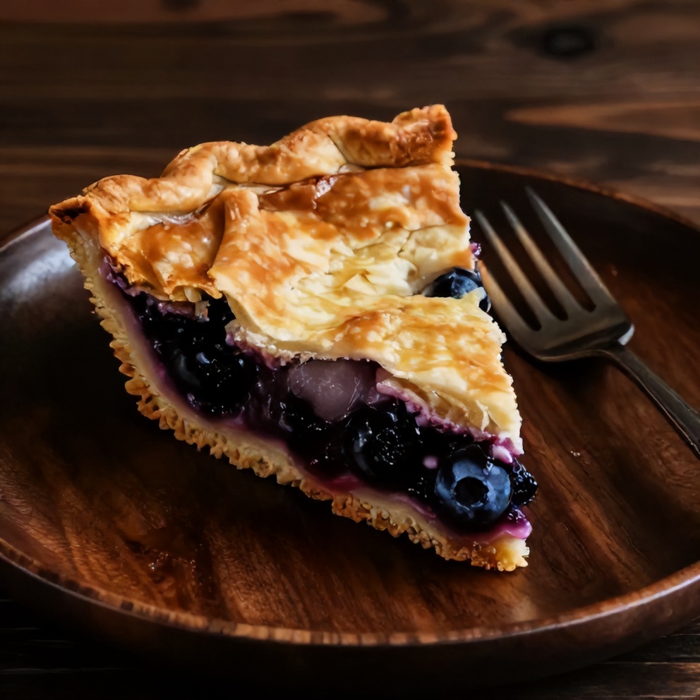 Slice of blueberry pie on a plate with a fork