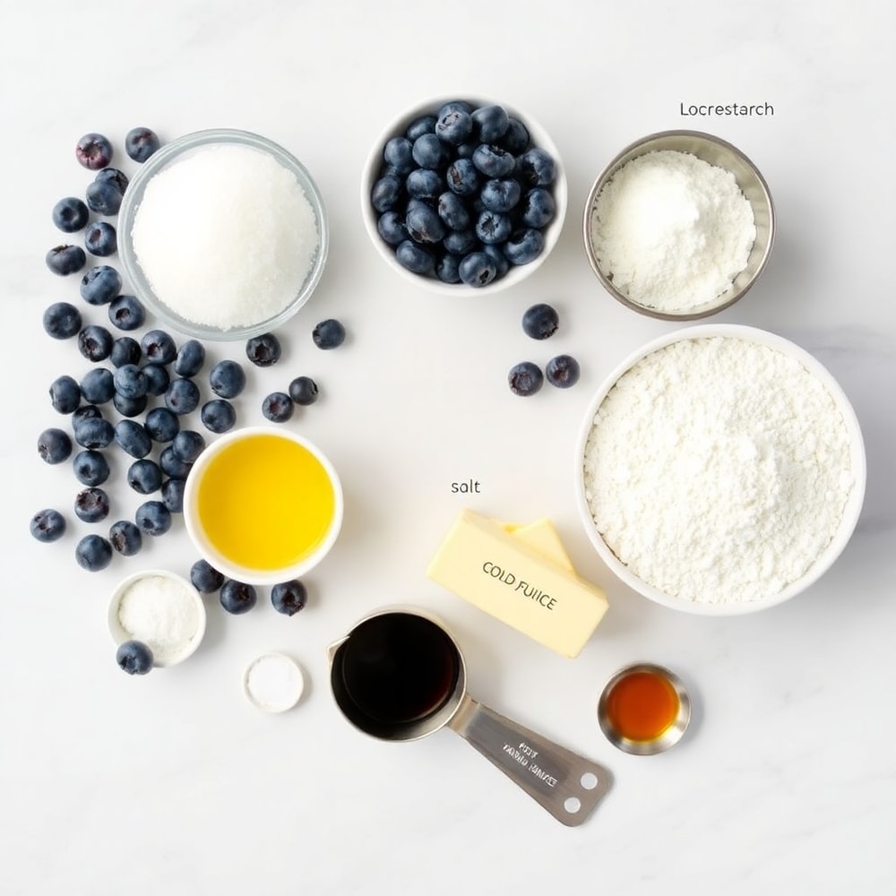 Blueberries, pie crust, sugar, cornstarch, lemon juice, butter, arranged on marble surface