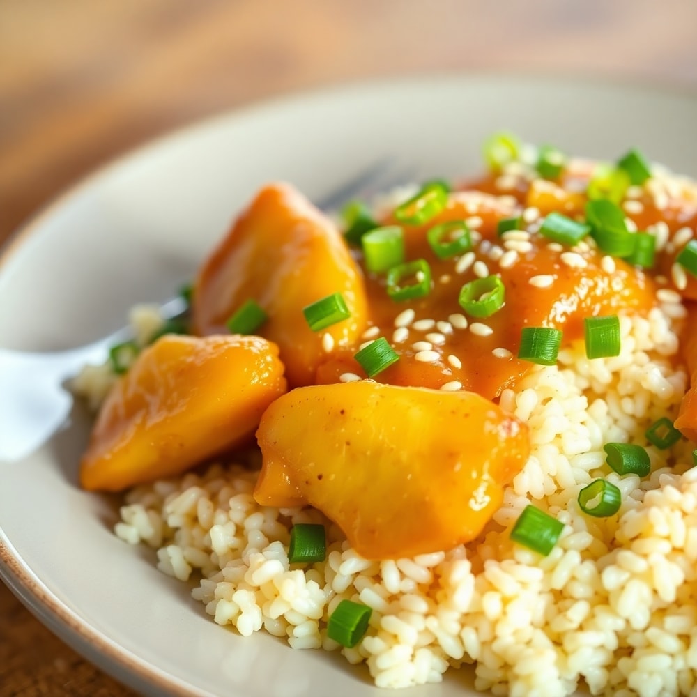 Pineapple Chicken and Rice plated, garnished with green onions