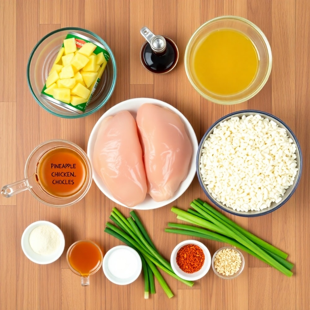 Raw ingredients for Pineapple Chicken and Rice on a wooden surface