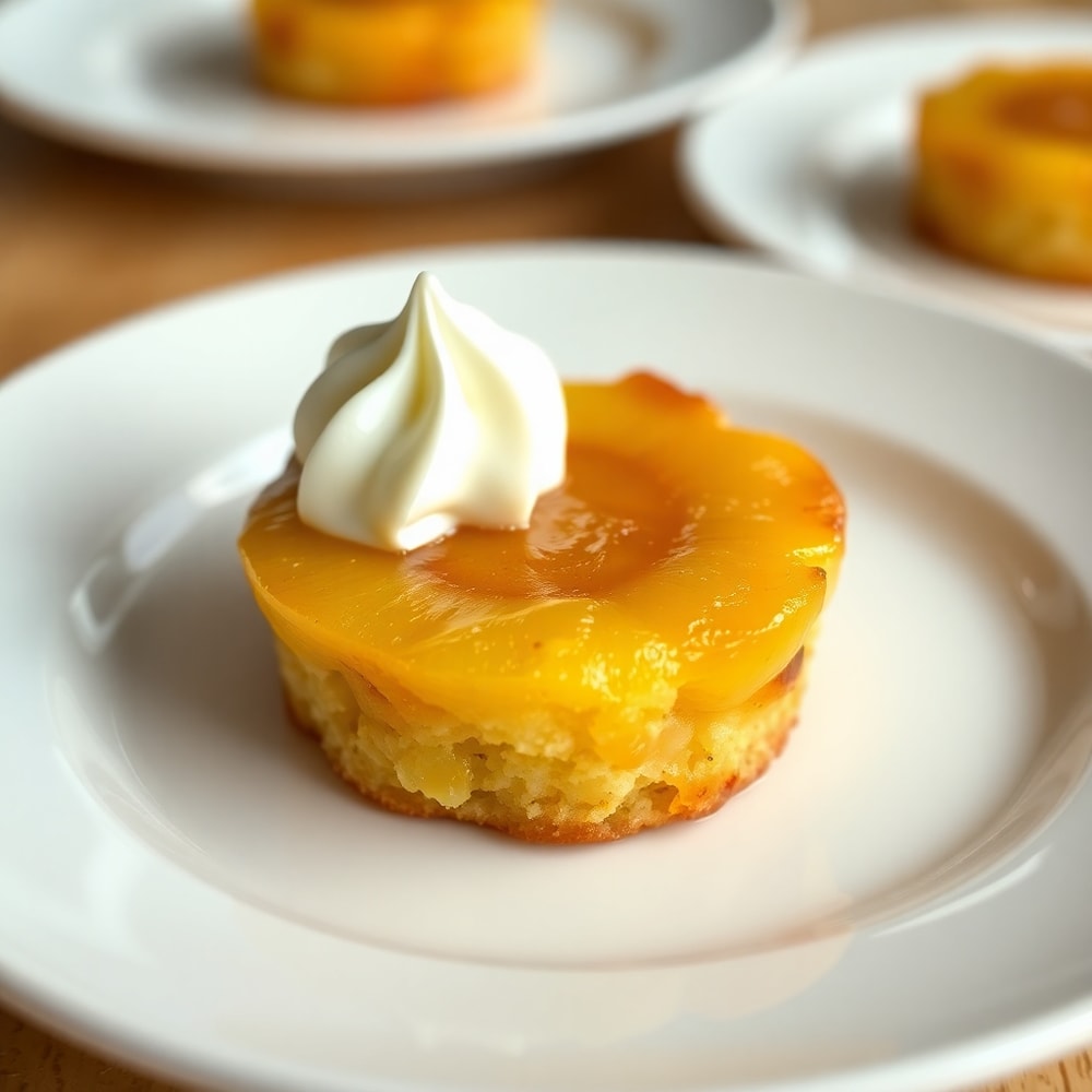 Pineapple Mascarpone Upside-Down Mini Cakes plated with a dollop of whipped cream