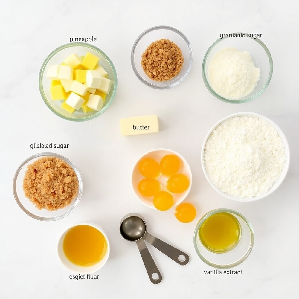 Pineapple Mascarpone Upside-Down Mini Cakes ingredients: pineapple, mascarpone, butter, sugar, flour, eggs, vanilla