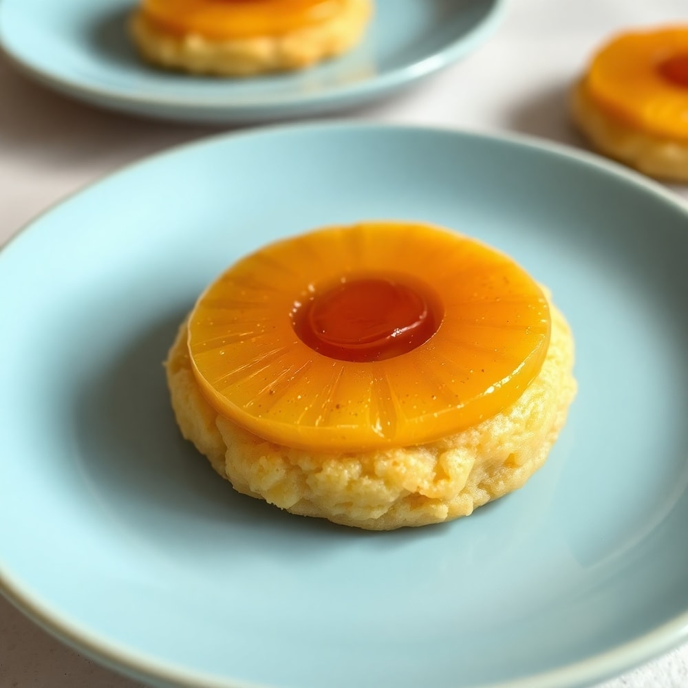 Pineapple Upside Down Sugar Cookies on a light blue plate
