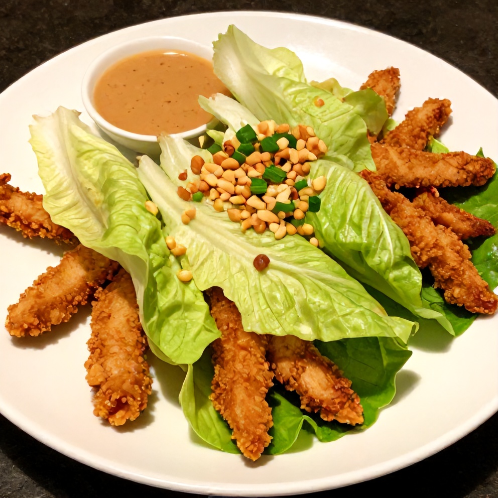 Plated chicken lettuce wraps with peanut sauce