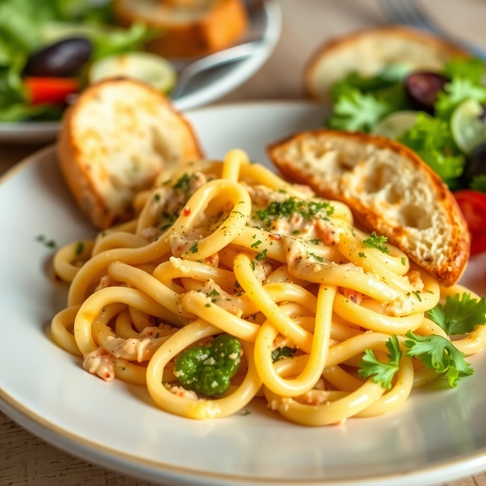 Plated Quick Tortellini Carbonara with garlic bread and a side salad