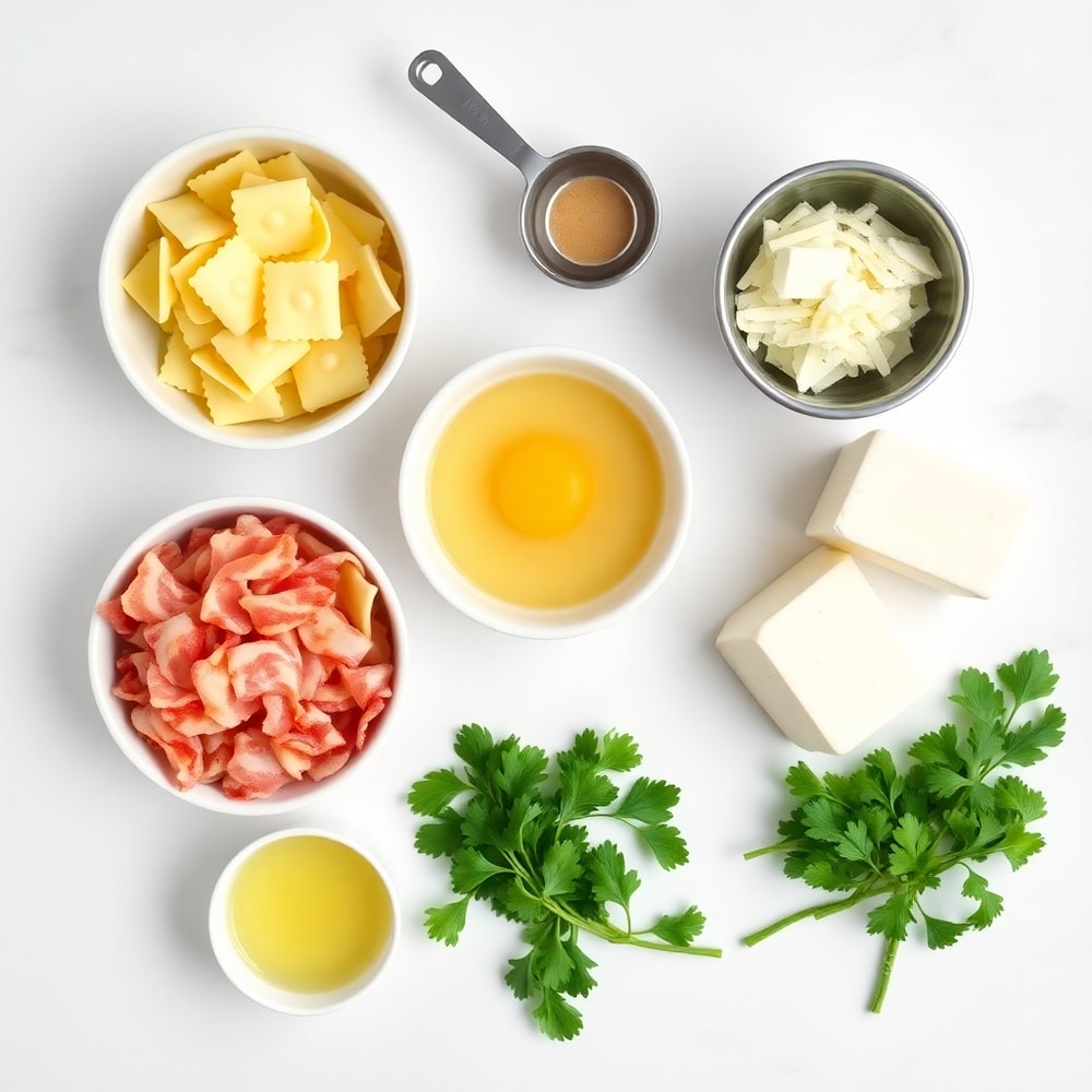 Raw ingredients for Quick Tortellini Carbonara: tortellini, bacon, garlic, eggs, cheese, and parsley