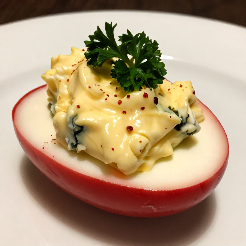 Plated Red White and Blue Deviled Eggs with fresh parsley garnish