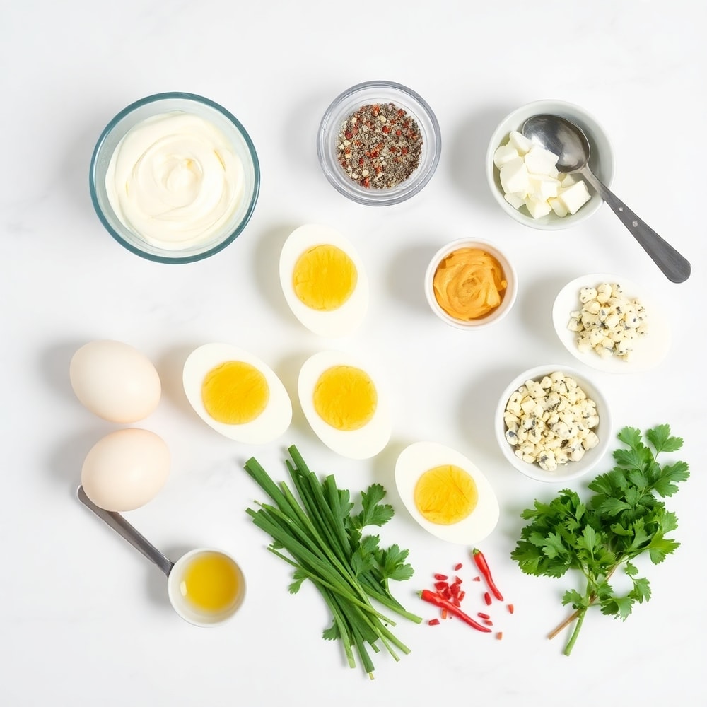 Red white and blue deviled eggs ingredients on a marble counter