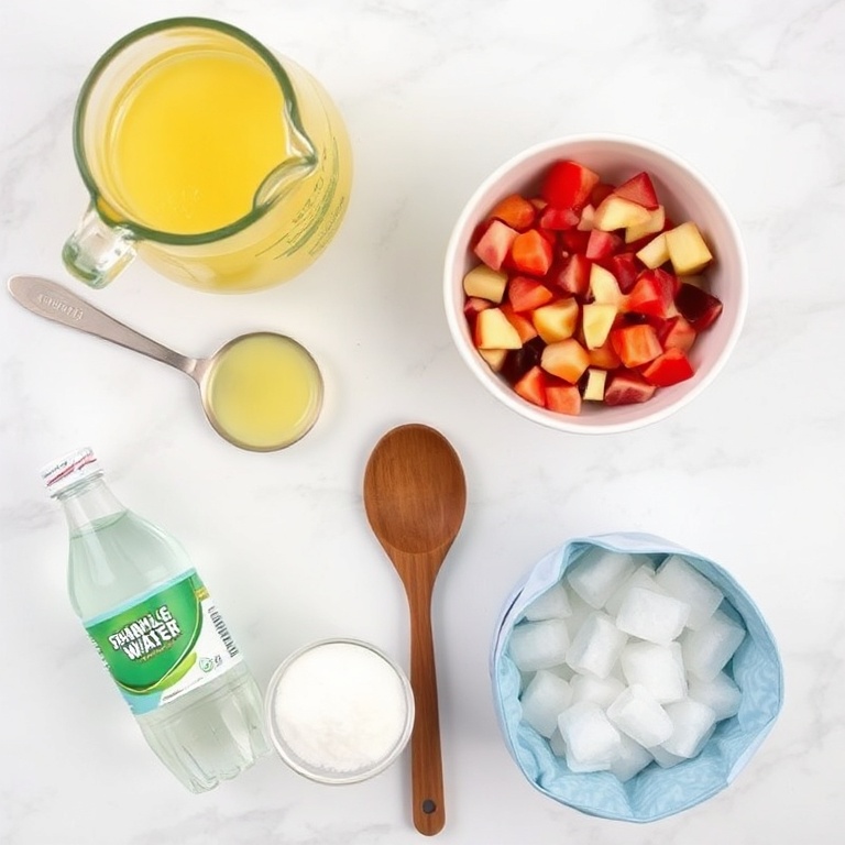 Raw ingredients for Sparkling Fruit Punch on a wooden surface