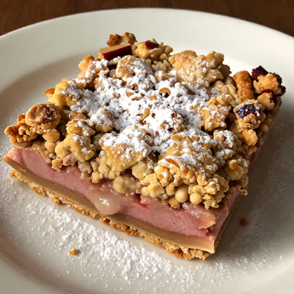 Rhubarb crumble bars on a plate, dusted with powdered sugar