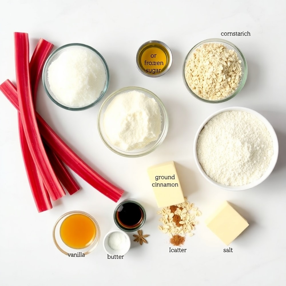 Rhubarb crumble bars ingredients: rhubarb, sugar, lemon juice, butter, flour, oats