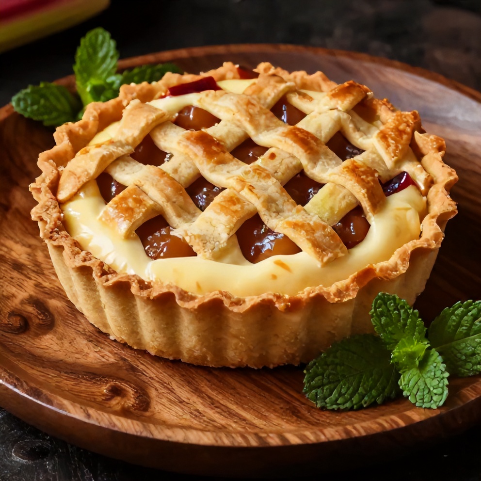 Sliced rhubarb custard tart on a rustic plate