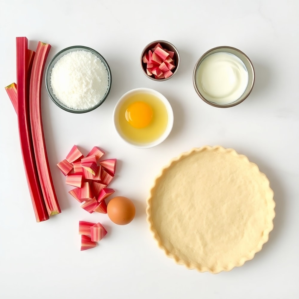 Raw ingredients for rhubarb custard tart: rhubarb, sugar, eggs, cream, pie crust
