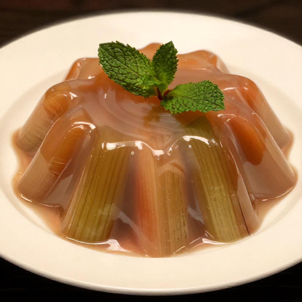 One perfect plated serving of rhubarb dessert with jello on a white plate, garnished with mint leaves, under warm side lighting
