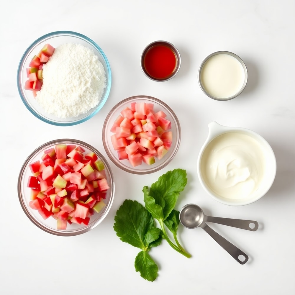 Raw ingredients for rhubarb dessert with jello: rhubarb, sugar, jello mix, water, cream, arranged on a white marble surface under bright even light