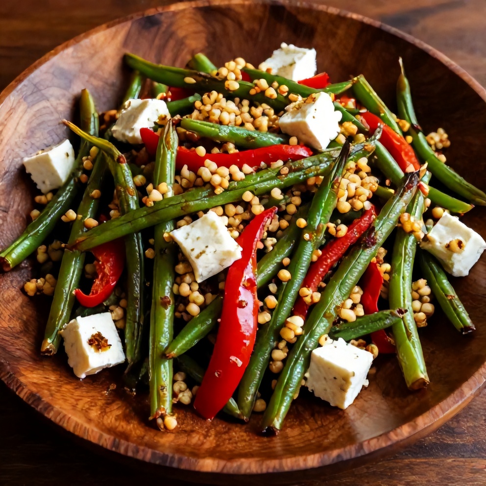 Plated roasted green bean quinoa salad with red pepper and feta