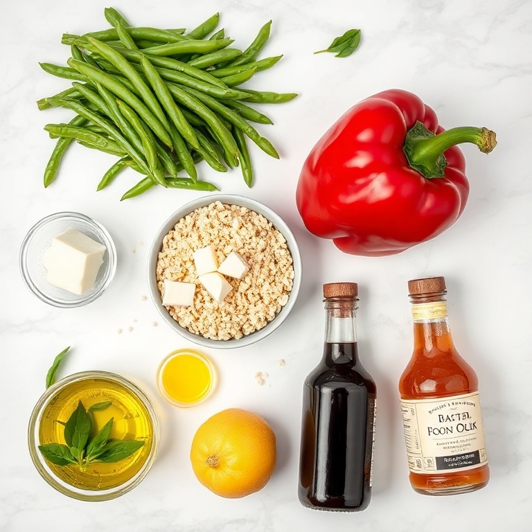Raw ingredients for roasted green bean quinoa salad