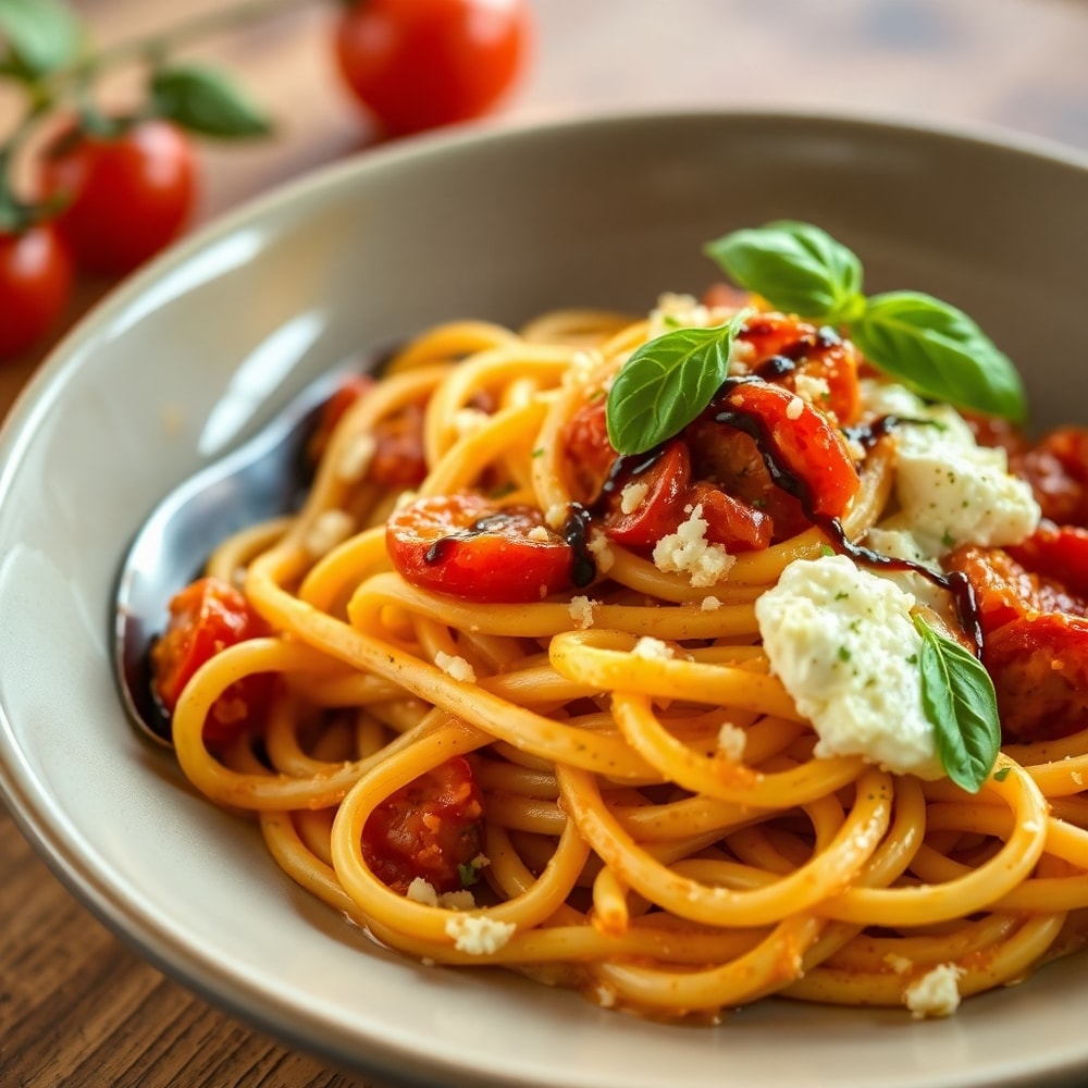 Plated Roasted Tomato and Garlic Ricotta Pasta