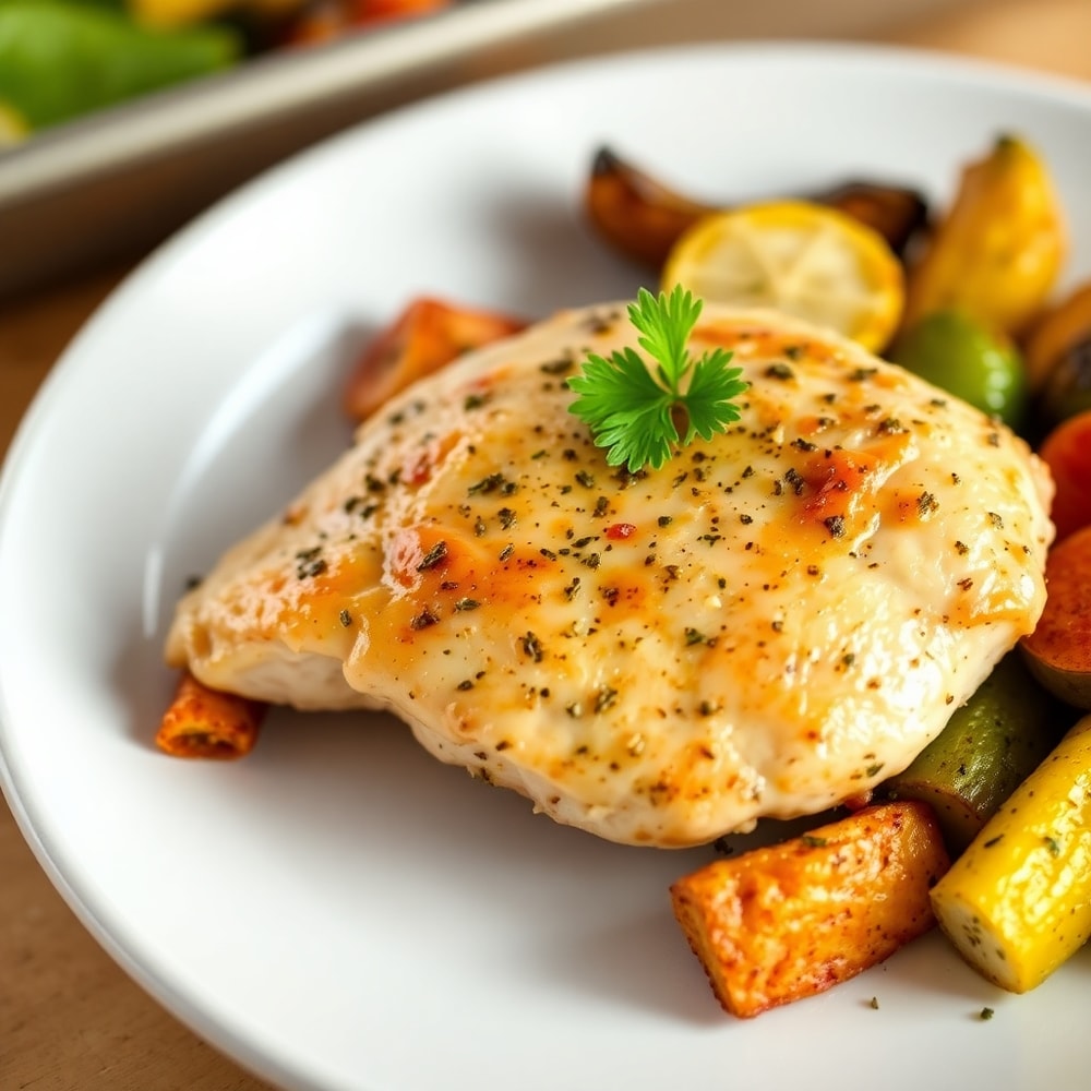 Plated serving of sheet pan lemon herb chicken and vegetables