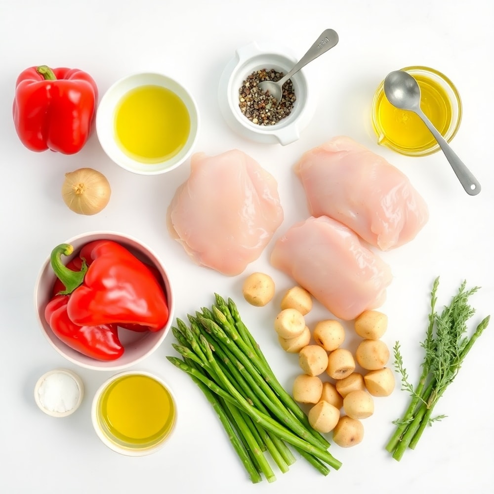 Raw ingredients for sheet pan lemon herb chicken and vegetables