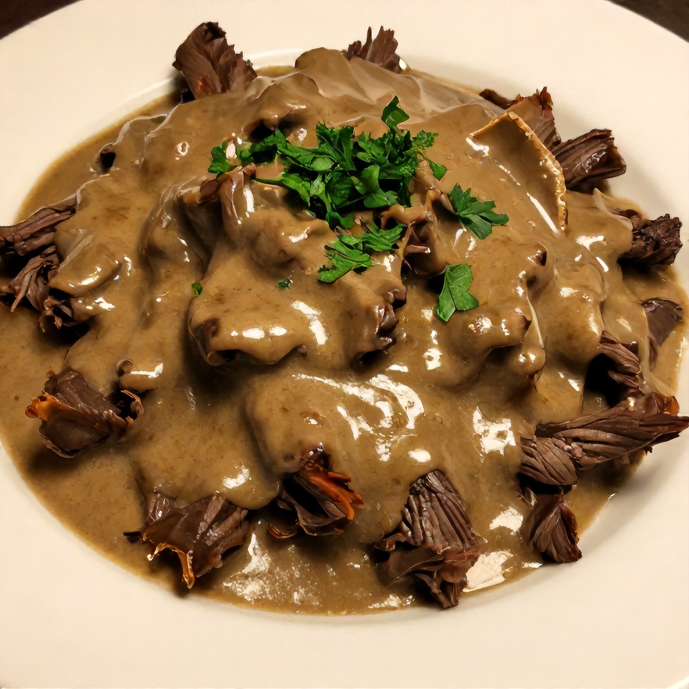 Plated slow cooker beef tips with gravy