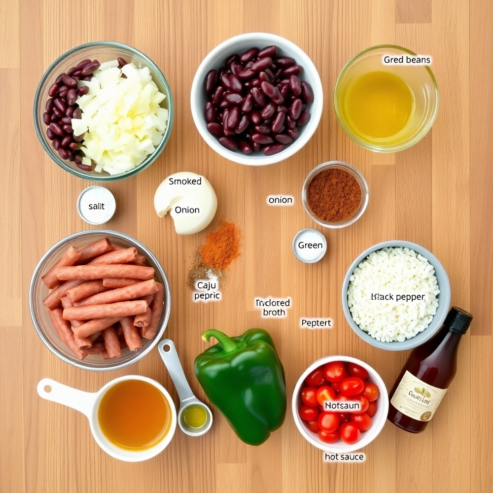 Raw ingredients for Cajun red beans and rice laid out on a wooden surface