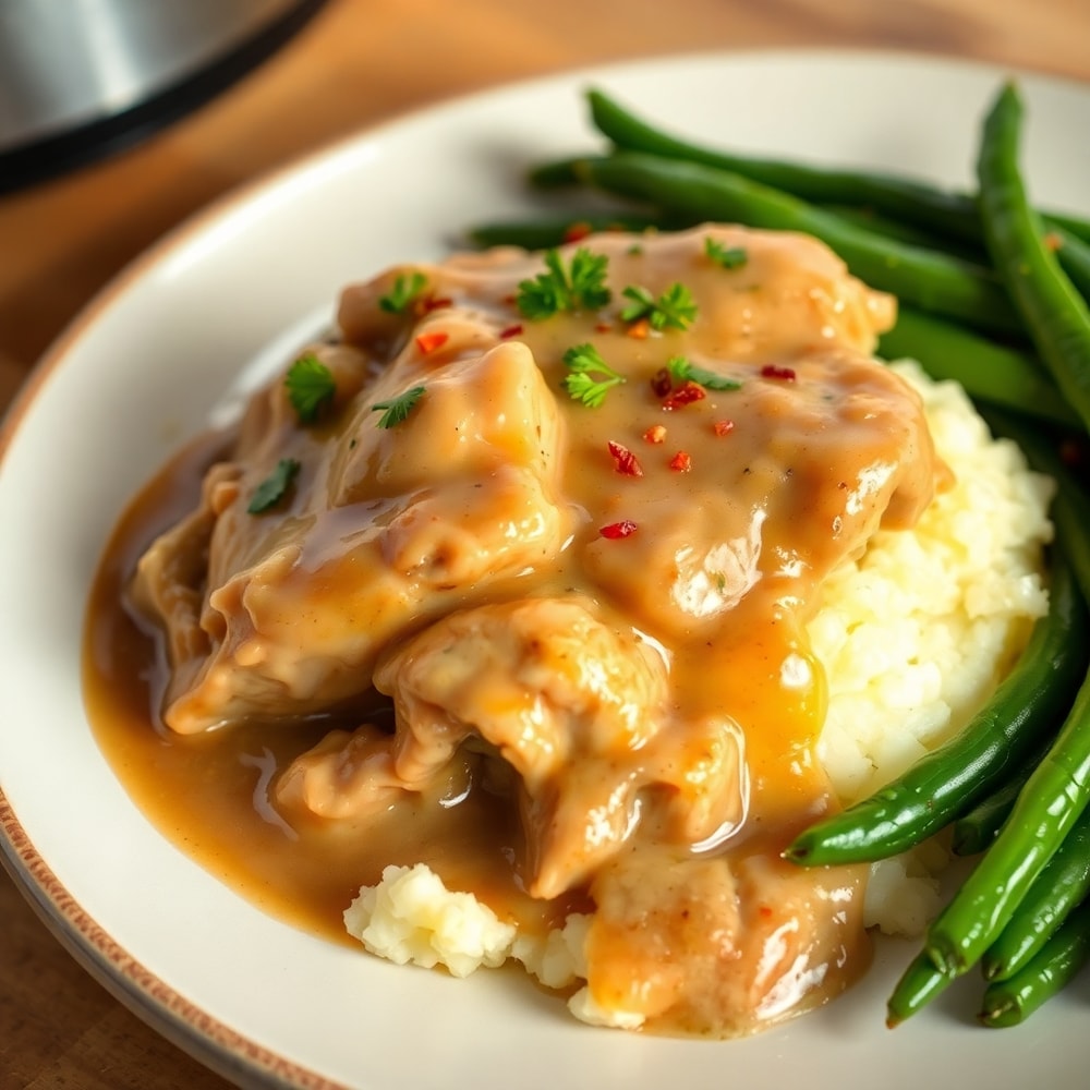 Plated serving of Slow Cooker Chicken and Gravy with a side of mashed potatoes
