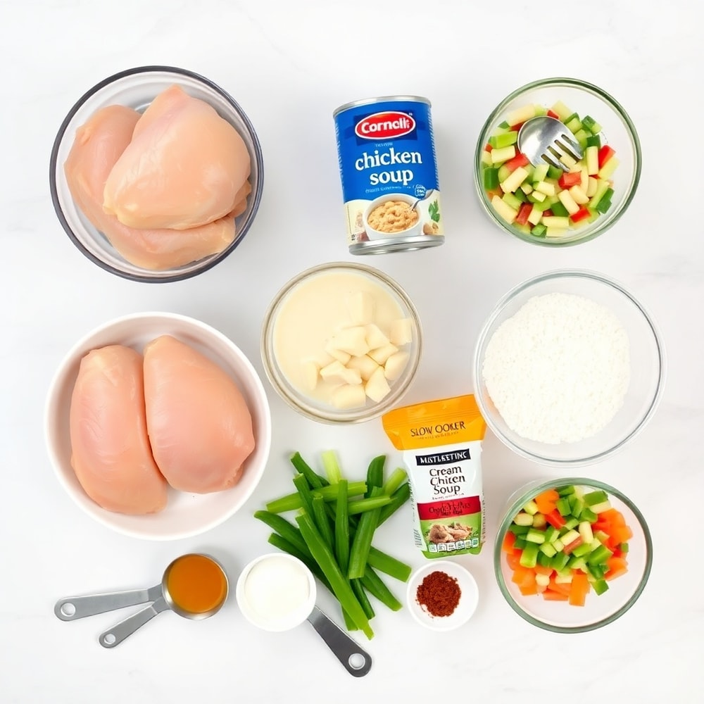 Raw ingredients for Slow Cooker Chicken and Gravy including chicken breasts, cream of chicken soup, and mixed vegetables