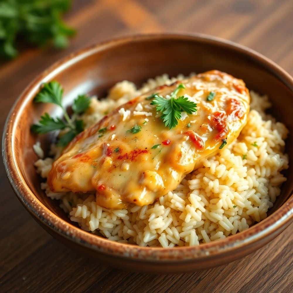 Plated serving of smothered chicken and rice