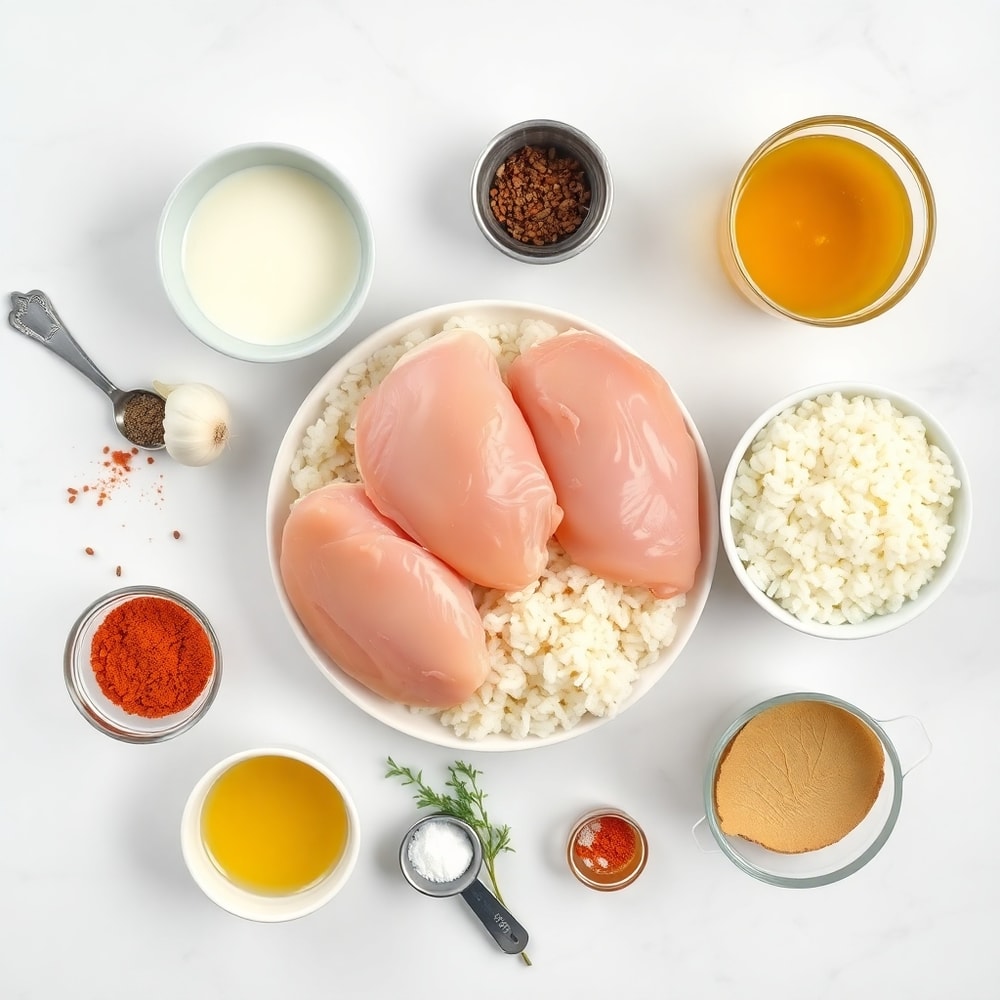 Raw ingredients for smothered chicken and rice recipe