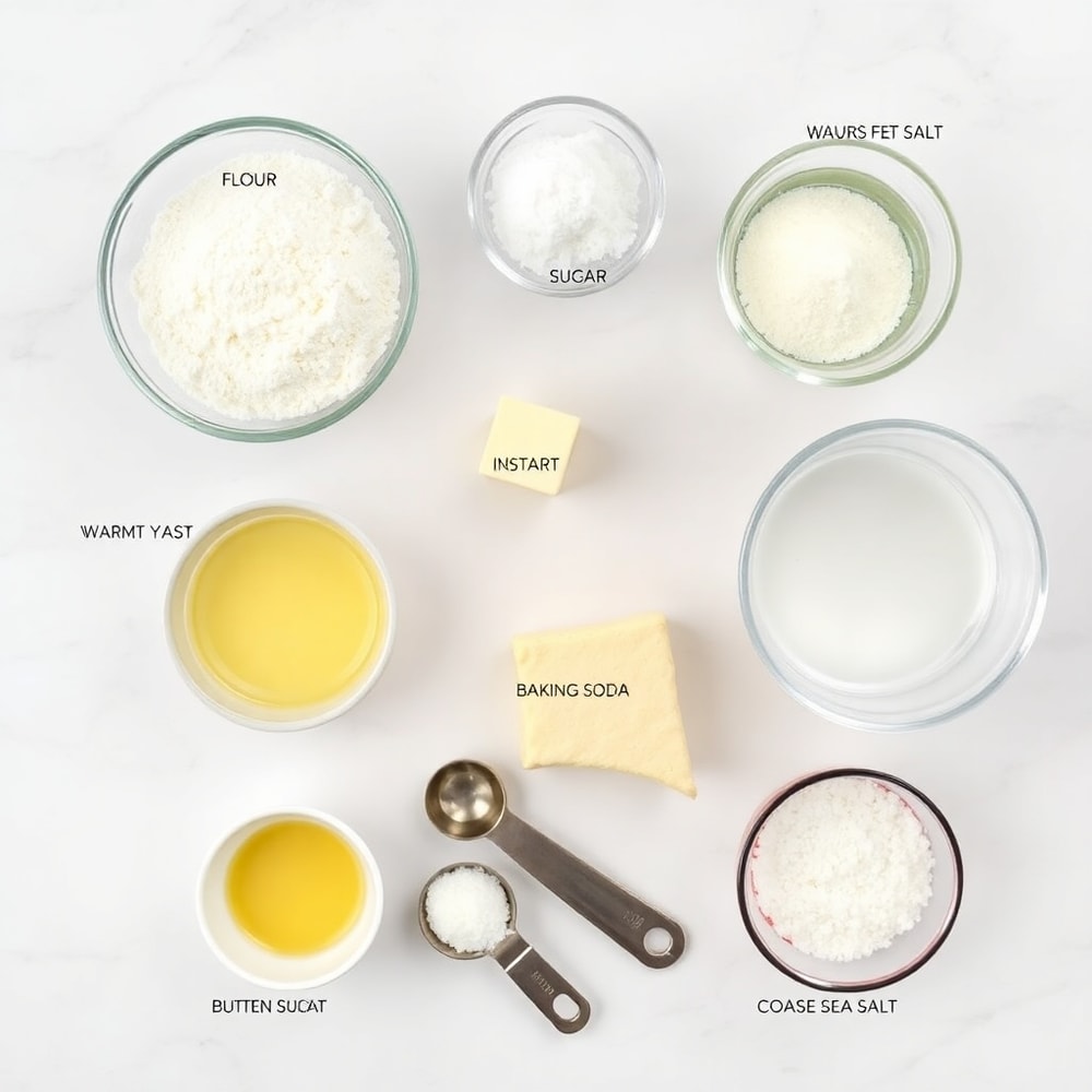 Ingredients for soft pretzel bites on a marble surface