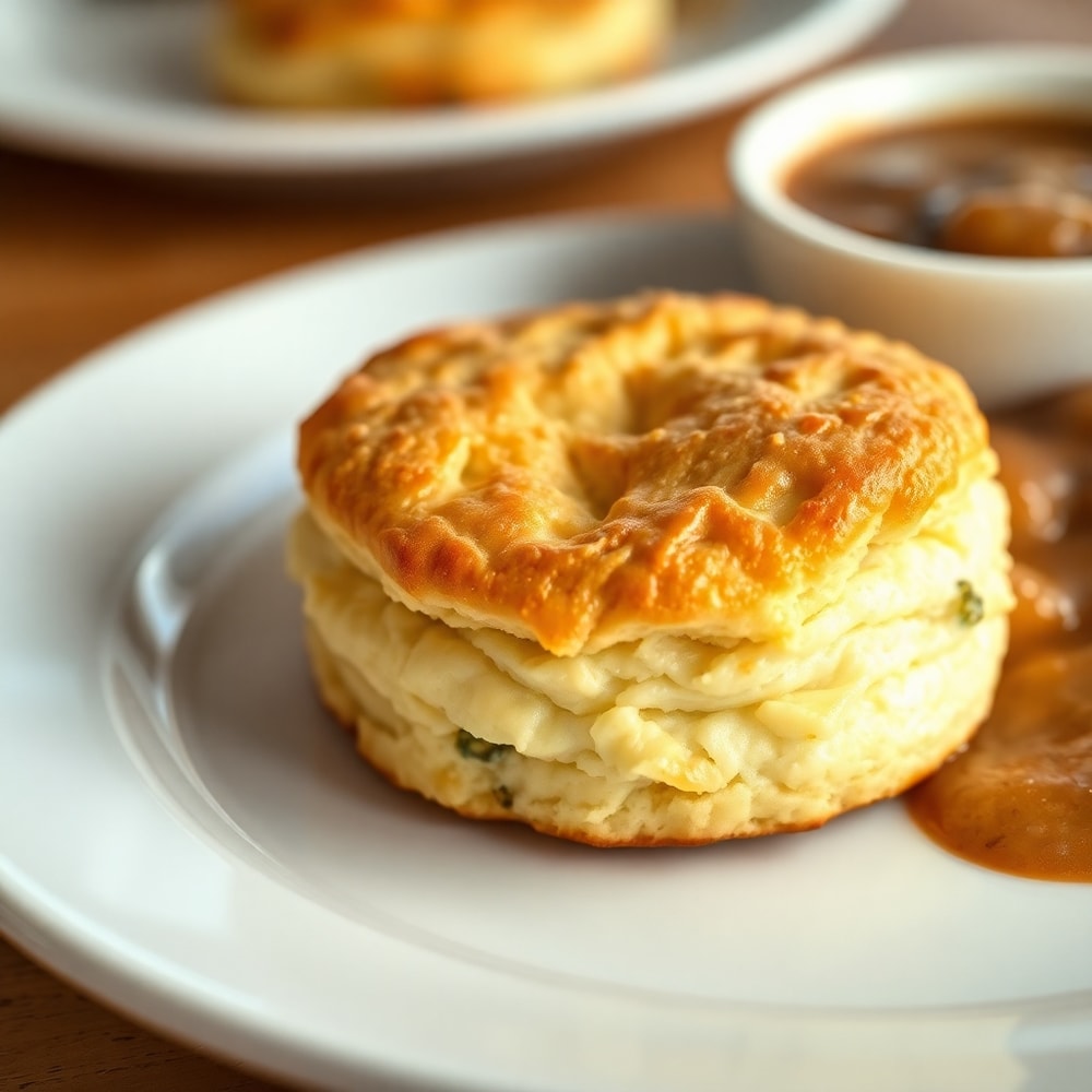 Plated sour cream and onion biscuit with a side of gravy