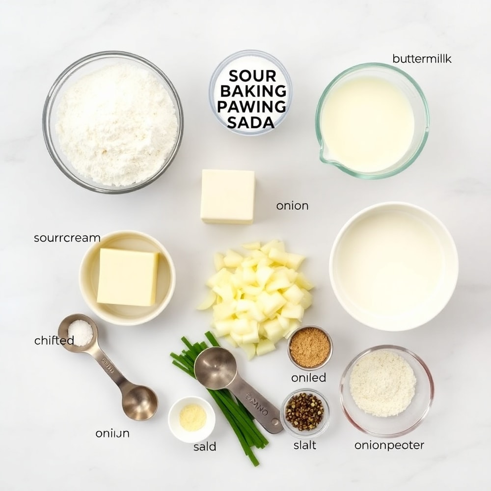 Raw ingredients for sour cream and onion biscuits on a marble surface