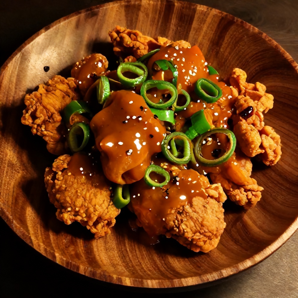 Plated Spicy Jalapeño Chicken with green onions and sesame seeds