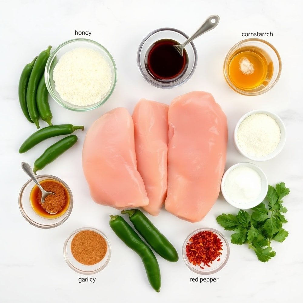 Raw ingredients for Spicy Jalapeño Chicken on a white marble surface