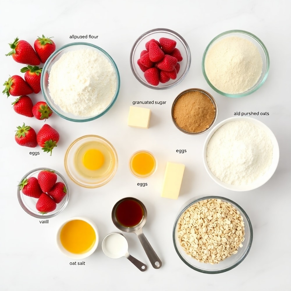 Ingredients for strawberry crunch cookies on a marble surface