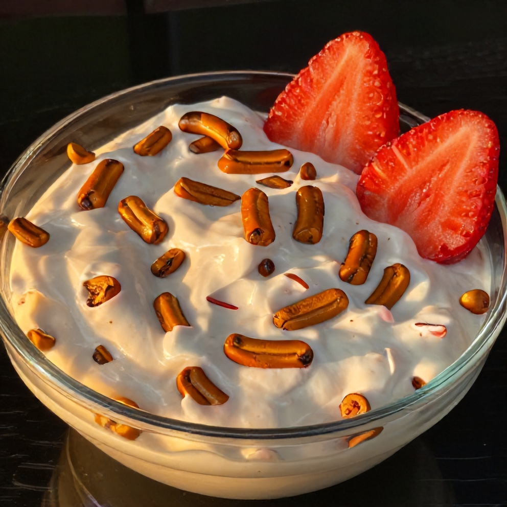 Strawberry Pretzel Salad Dip served in a bowl with pretzels and fresh strawberries