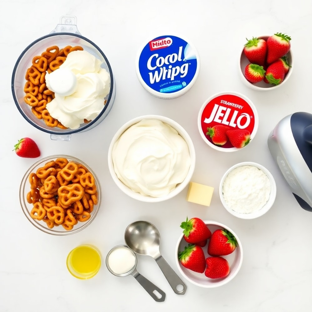 Ingredients for Strawberry Pretzel Salad Dip: pretzels, cream cheese, Cool Whip, strawberry Jell-O, fresh strawberries