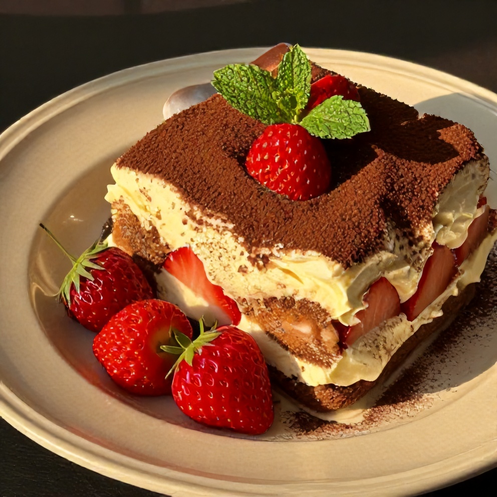 Plated serving of creamy strawberry tiramisu with fresh berries and mint garnish