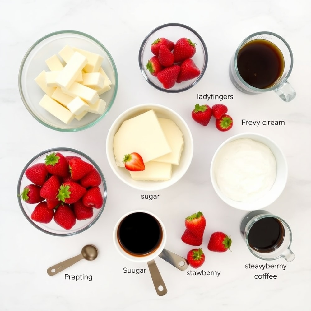 Raw ingredients for strawberry tiramisu including ladyfingers, mascarpone cheese, and fresh strawberries
