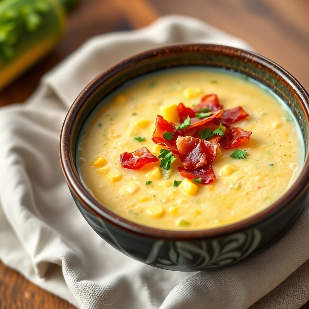 Bowl of creamy corn and zucchini chowder with crispy bacon and fresh herbs