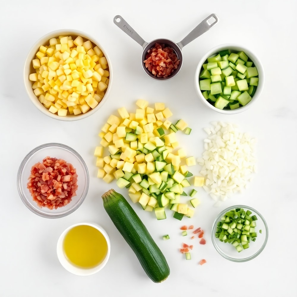 Raw ingredients for summer corn and zucchini chowder: corn, zucchini, onion, garlic, bacon, heavy cream, chicken broth