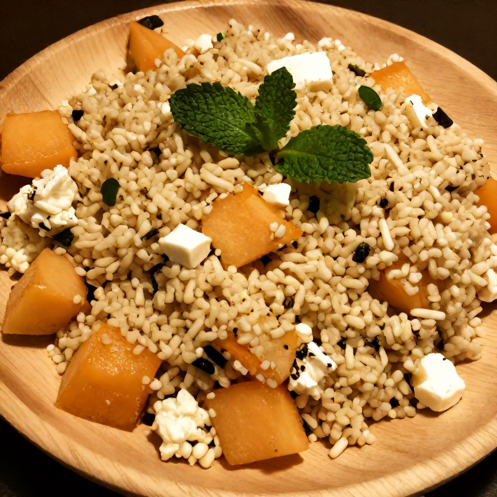 Plated summer melon couscous salad with mint and feta