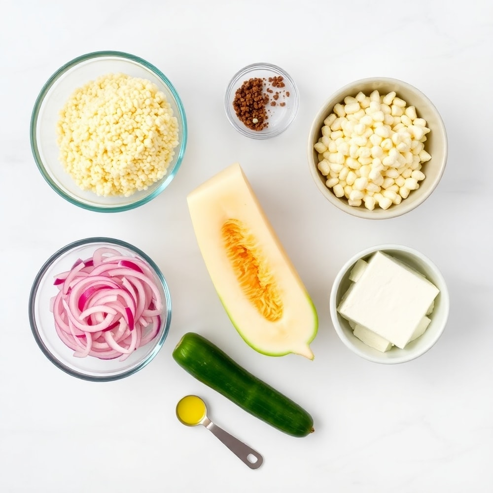 Raw ingredients for summer melon couscous salad